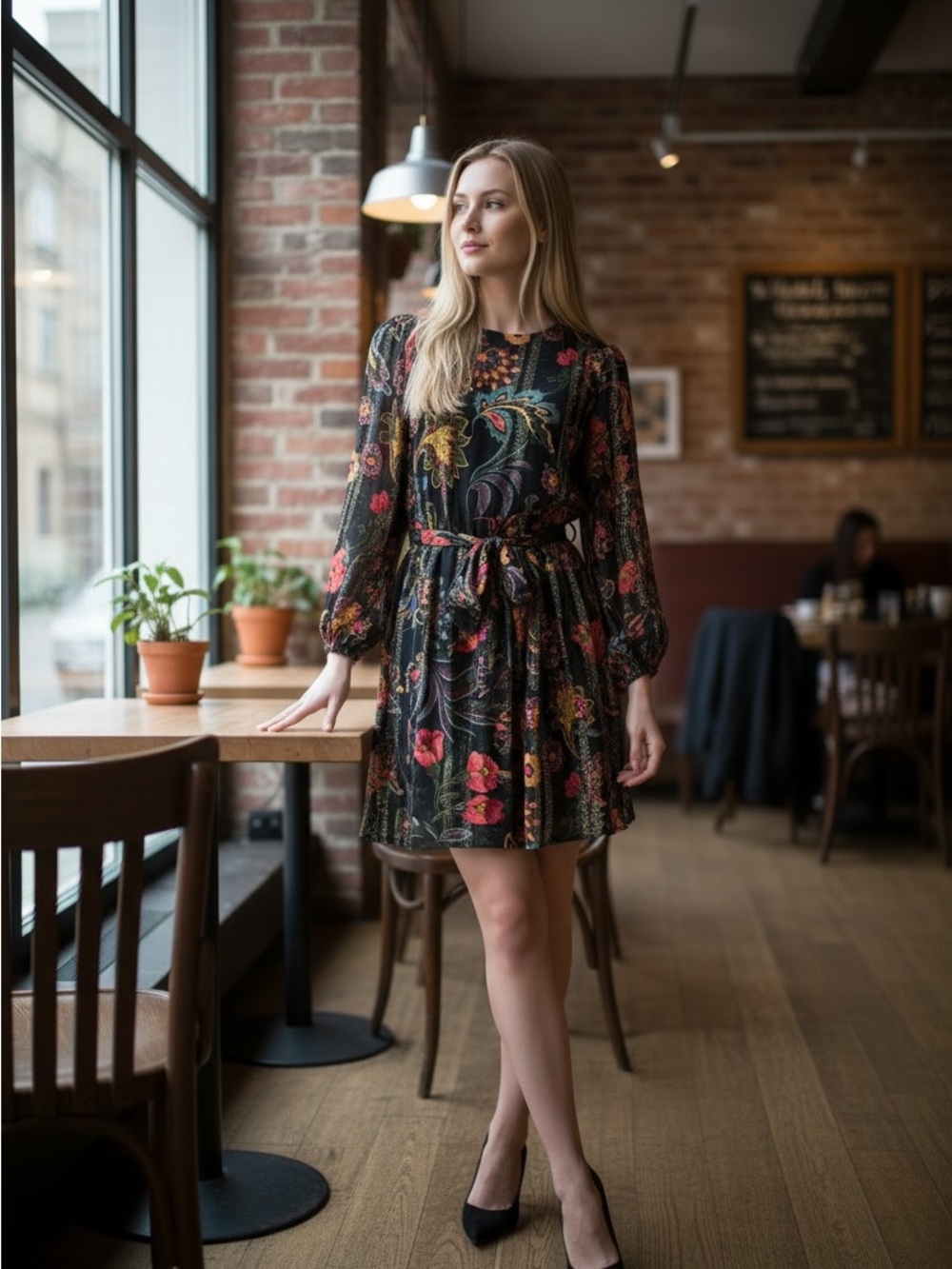 NWT CIEBON Sz S Black Floral Paisley Metallic Long Sleeve Belted Mini Dress